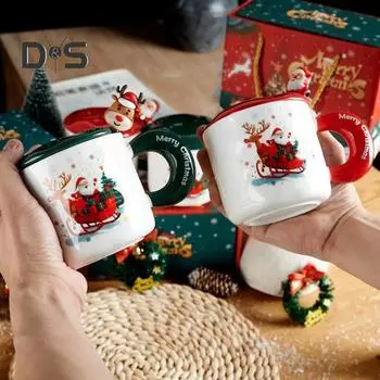 Рождественская чашка с крышкой-ложкой 401-500 мл керамическая кружка Санта-кофейная чашка новинка Санта-чайные чашки для детей мальчиков девочек День благодарения Хэллоуин подарок A красный