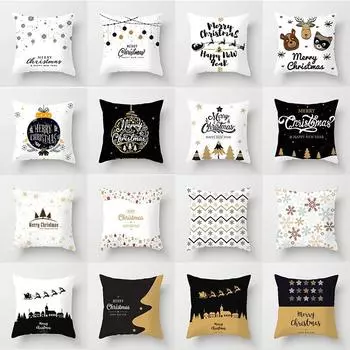 Рождественская черно-белая наволочка Рождественский венок Кольцо с лосем С Рождеством для дома Подарок на Новый год 40x40cm