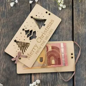 Рождественская денежная карта, деревянный держатель для денег, многоразовая рождественская денежная карта с лентой для подарка Сант