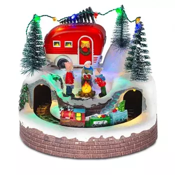 Рождественская деревенская сцена с костром со светодиодными огнями и движущимся поездом. Украшения для дома, настольные украшения, праздничные дисплеи USB.