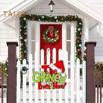 Рождественская деревянная подвесная вывеска Зеленый эльф Приветственный знак Фермерский дом Дверная табличка Вешалка Рождественское украшение для входной двери Декор стены A