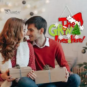 Рождественская деревянная подвесная вывеска Зеленый эльф Приветственный знак Фермерский дом Дверная табличка Вешалка Рождественское украшение для входной двери Декор стены A