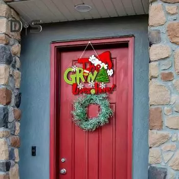 Рождественская деревянная подвесная вывеска Зеленый эльф Приветственный знак Фермерский дом Дверная табличка Вешалка Рождественское украшение для входной двери Декор стены A