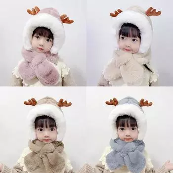 Рождественская детская зимняя теплая шапка для маленьких мальчиков и девочек, милый шарф с капюшоном и рогами оленя и лося, шарф-ушанка розовый