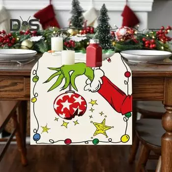 Рождественская дорожка для стола Праздничная мультяшная принт Гринчи Праздничная графика Маслостойкая фермерская новогодняя вечеринка выпускной обеденный стол украшение для стола зелёный