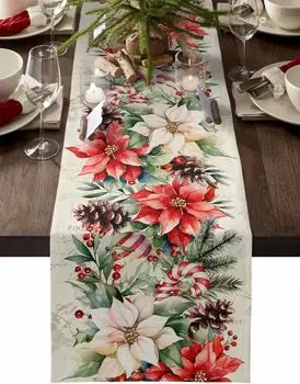 Рождественская дорожка для стола с изображением сосновых иголок и шишек в виде пуансеттии, для декора стола, рождественская ботаническая дорожка для стола, рождественские украшения 150x33cm 59x13inch бежевый
