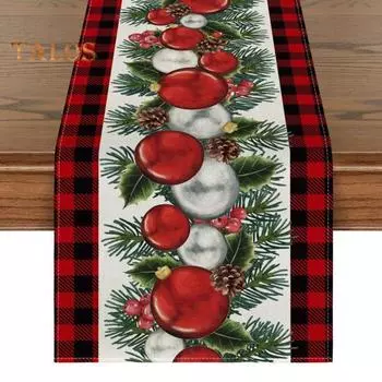 Рождественская дорожка для стола с рисунком в виде шишки и листьев сосны, прямоугольная, защищает стол от жары, царапин, пятен, создает праздничную атмосферу для банкетов, праздничных вечеринок L красный