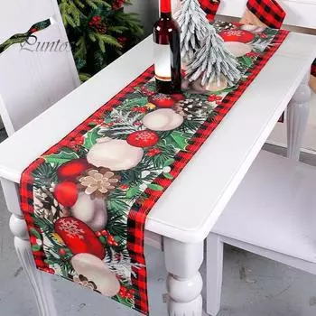 Рождественская дорожка для стола Зеленые руки эльфа с елочным шаром и принтом Сезонный прямоугольник из искусственного льна Рождественская тема Обеденный стол Ткань Обложка Праздничное украшение
