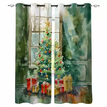 Рождественская елка Акварель Фонарь Подарок Вид из окна Затемняющие шторы для гостиной Спальня Окно Обработка жалюзи Шторы W135 x H60cm