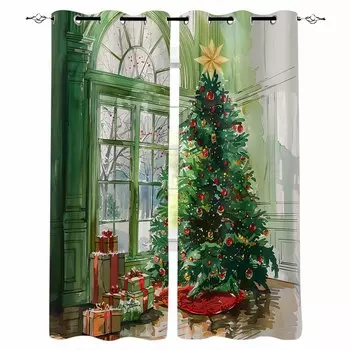 Рождественская елка Акварель Фонарь Подарок Вид из окна Затемняющие шторы для гостиной Спальня Окно Обработка жалюзи Шторы W135 x H60cm