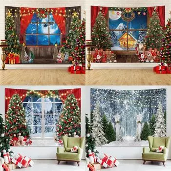 Рождественская елка и венок, настенный гобелен - праздничный фотофон, тканевый декор GT3727. Brushed cloth 95x75cm