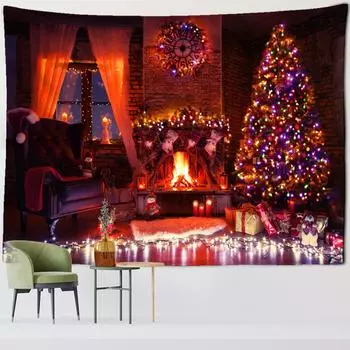 Рождественская елка камин гобелен настенный колдовство психоделический подарок носки новогодняя комната хиппи домашний декор 95x70cm