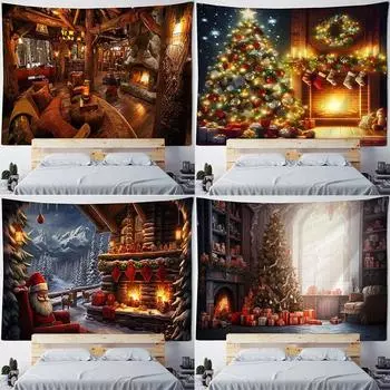 Рождественская елка камин узор украшение гостиная спальня украшение дома настенный гобелен 100x75cm