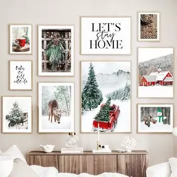 Рождественская елка, красный винтажный автомобиль, олень, кафе, настенная живопись на холсте, украшение для гостиной, постеры и принты, настенные панно для дома A4 21X30cm No Framed