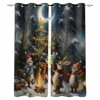Рождественская елка красочный лес луна костер животные затемняющие шторы для гостиной спальни оконные шторы шторы W135 x H60cm