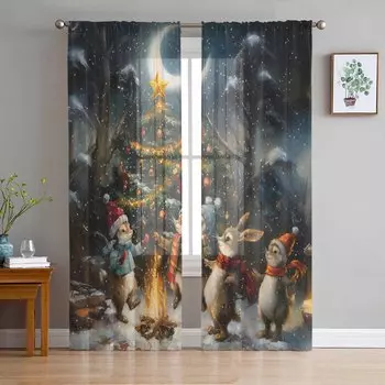 Рождественская елка Красочный лес Луна Костер Животные Прозрачные шторы Газовая занавеска для гостиной Спальня Вуаль Пряжа Шторы W135 x H114cm