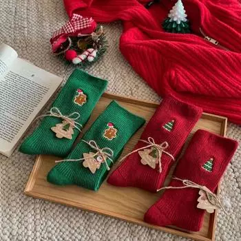 Рождественская елка Мультфильм Чулочно-носочные изделия Хлопковые носки средней длины Рождественские вышитые носки Рождественский подарок жёлтый
