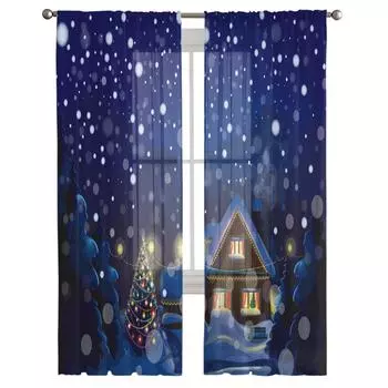 Рождественская елка, огни дома, снежинки, ночное здание, прозрачные тюлевые занавески для окон, занавески для гостиной, вуаль из органзы, шторы W135 x H115cm x1