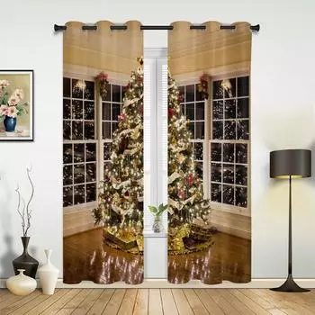 Рождественская елка огни Рождественская тематика Занавески для гостиной Кухня Мальчик Девочка Спальня Длинные окна Шторы Домашний декор 135W x 60H(cm) x1