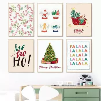 Рождественская елка Подарок Санта Детский фестиваль Плакаты Печать Праздничная картина на холсте Настенные картины Детская комната Домашний декор 21X30cm No Frame
