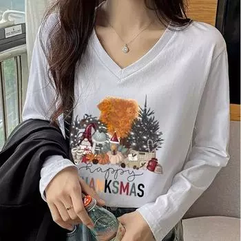 Рождественская елка подарок тыква принт женские футболки женские топы с длинным рукавом V-образный вырез пуловер женские футболки футболка для женщин XS белый