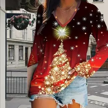 Рождественская елка Подсолнухи Принт Женские футболки Женские топы Длинные рукава V-образный вырез Пуловер Femme Футболки Футболка для женщин XS жёлтый