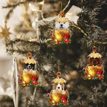 Рождественская елка Подвеска в виде щенка с ремешком Золотое яйцо Дизайн Акриловые рождественские подвесные украшения Рождественский подарок Новогодние праздничные атрибуты A