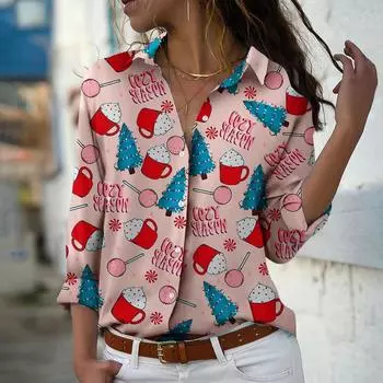 Рождественская елка Принт Женская блузка Весна Осень Femme Офисная леди Застежка на пуговицы Отложной воротник Рубашки XS розовый