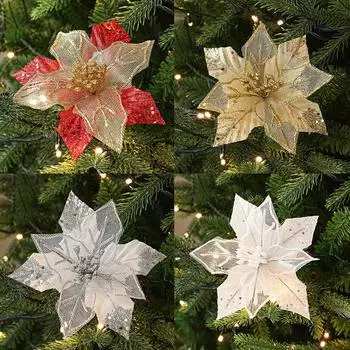 Рождественская елка с блестками, украшение, искусственные цветы, искусственный цветок, рождественский орнамент, вечерние, домашний декор серебряный