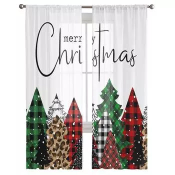 Рождественская елка с леопардовым снежинком, прозрачная тюль для гостиной, оконная занавеска, декор для спальни, кухни, вуаль, шторы 135W x 114H(cm)