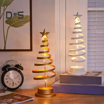 Рождественская елка с питанием от батареек, железный ночник, спиральная форма дерева, декоративные огни со звездой для внутреннего и наружного использования B золотистый