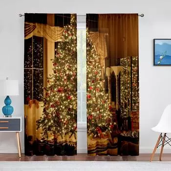 Рождественская елка с подарочными коробками, яркие огни, шифоновые прозрачные шторы для гостиной, спальни, декор, вуаль, тюлевые занавески, шторы 1 PCS W100XH250cm&Rod Pocket
