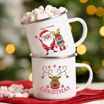 Рождественская елка с Санта-оленем, кофейные кружки с эмалированной ручкой, рождественские кружки, кружки для семейных вечеринок, чашки для напитков, креативные подарки на Новый год