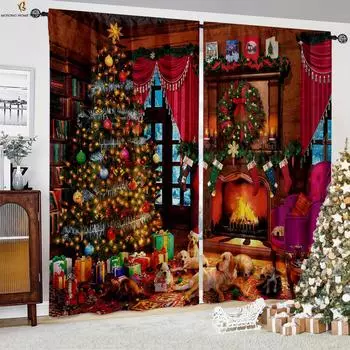 Рождественская елка снеговик камин мультфильм принт шторы подходят для спальни ресторана новогодняя вечеринка украшения шторы 2 шт W50xH130(CM)x2PCS&Grommet Top
