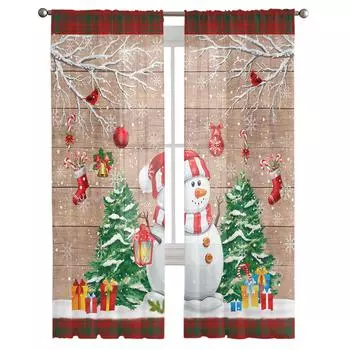 Рождественская елка Снеговик Снежинка Подарок Деревянные Прозрачные Шторы Декор Домашнего Окна Вуаль Тюлевые Шторы Для Гостиной Спальни W135 x H115cm x1