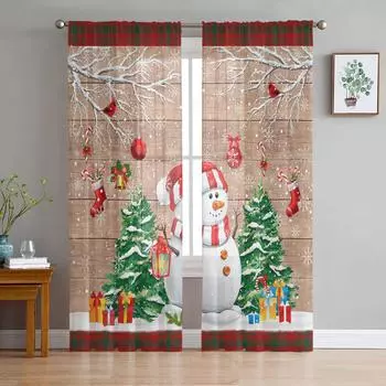 Рождественская елка Снеговик Снежинка Подарок Под дерево Вуаль Шторы Спальня Тюль Оконные занавески Гостиная Прозрачные шторы Портьеры W135 x H115cm x1&Rod Pocket