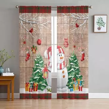 Рождественская елка Снеговик Снежинка Подарок Под дерево Вуаль Шторы Спальня Тюль Оконные занавески Гостиная Прозрачные шторы Портьеры W135 x H115cm x1&Rod Pocket