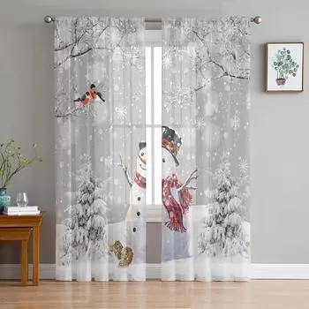 Рождественская елка Снеговик Снежинка Серые прозрачные шторы для украшения гостиной Оконные шторы Кухня Тюль Вуаль Шторы W135 x H115cm x1