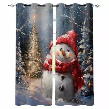 Рождественская елка Снеговик Винтажная картина маслом Плотные шторы для гостиной Спальня Оконные шторы Шторы W135 x H60cm
