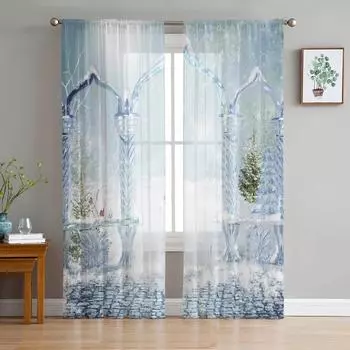 Рождественская елка Снежинка Ледяная дверь Тюль Оконные шторы Гостиная Органза Прозрачная вуаль Шторы Спальня Кухня Домашний декор Драпировка W135 x H115cm x1&Rod Pocket