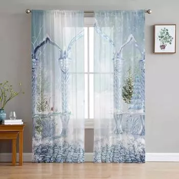Рождественская елка Снежинка Ледяная дверь Тюль Оконные шторы Гостиная Органза Прозрачная вуаль Шторы Спальня Кухня Домашний декор Драпировка W135 x H115cm x1&Rod Pocket