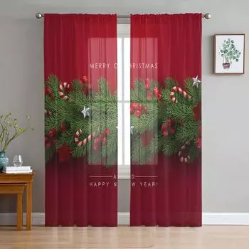 Рождественская елка, сосновые иголки, конфетный бант, красные прозрачные шторы для гостиной, украшения оконных штор, кухонных штор из тюля и вуали W135 x H115cm x1