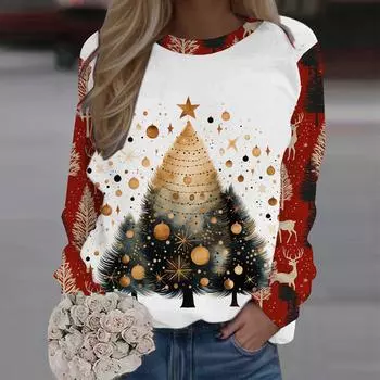 Рождественская елка Толстовки Женские Длинные Рукава Осень Зима Уличные Хип-Хоп Пуловеры Топы Круглый Вырез Модная Рождественская Одежда S