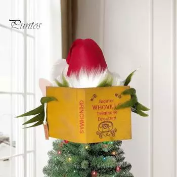 Рождественская елка Топпер Рождественская елка Орнамент Настольный Чтение Пушистая плюшевая кукла Шляпа Санта-Клауса Красочные декоративные Новогодний подарок Украшение вечеринки Опора жёлтый/зелёный