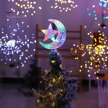 Рождественская елка Верхние огни Луна Звезда Узор Создайте праздничную атмосферу Романтические мигающие огни Рождественское украшение Лампа