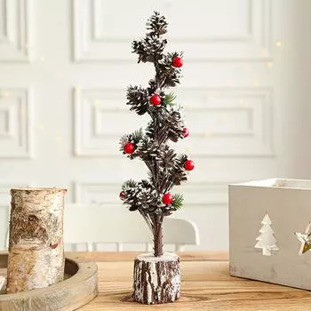 Рождественская елка зеленая со снегом маленькие настольные украшения красные фрукты деревянные колышки украшения в горшках One Size