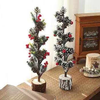 Рождественская елка зеленая со снегом маленькие настольные украшения красные фрукты деревянные колышки украшения в горшках One Size