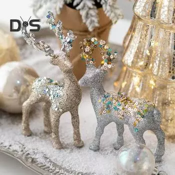Рождественская фигурка оленя, сверкающие украшения в виде оленей, украшение для дома в виде лося на рождественскую елку, двери, окна, декор серебряный