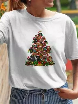 Рождественская футболка с рисунком таксы, женская новогодняя футболка с принтом и коротким рукавом, женские модные женские повседневные футболки S белый