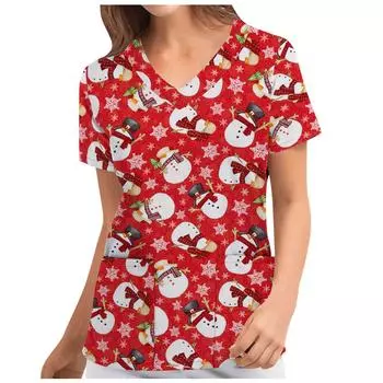 Рождественская футболка с v-образным вырезом и 3D цифровым принтом, женские красные и черные футболки с мультяшным узором, модные свободные топы с короткими рукавами S